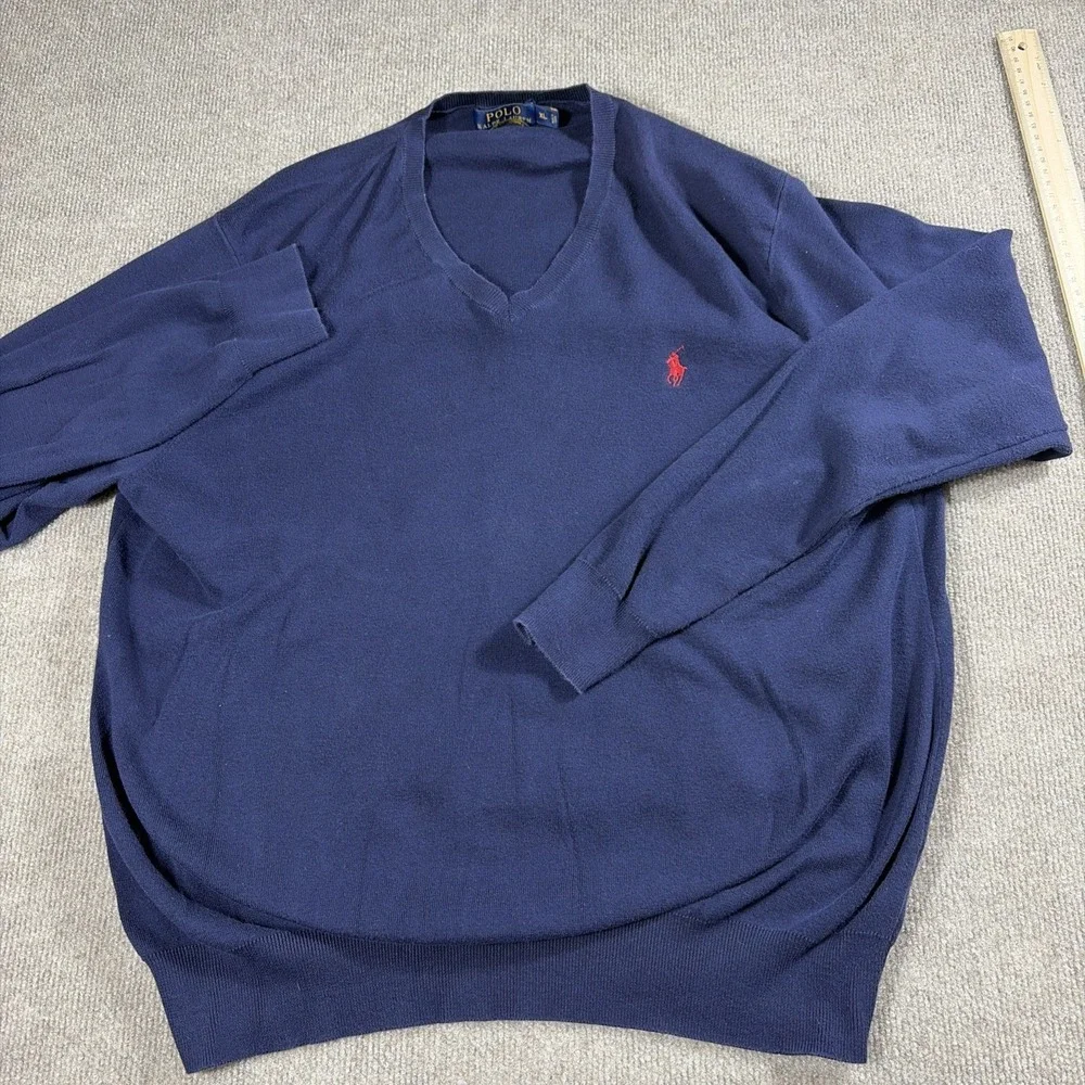 Polo Ralph Lauren Mens V Neck Sweater Size XL Navy Blue Pony Logo Pima Cotton